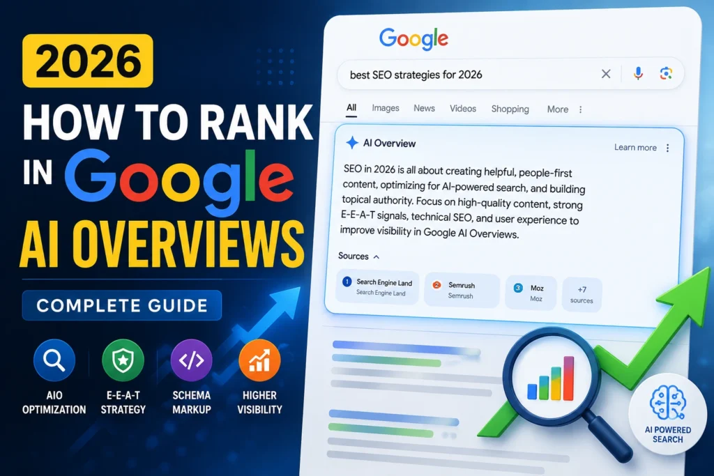 Google AI Overviews SEO guide showing strategies to rank in AI-generated search results in 2026.
