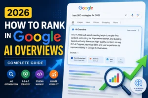 Google AI Overviews SEO guide showing strategies to rank in AI-generated search results in 2026.