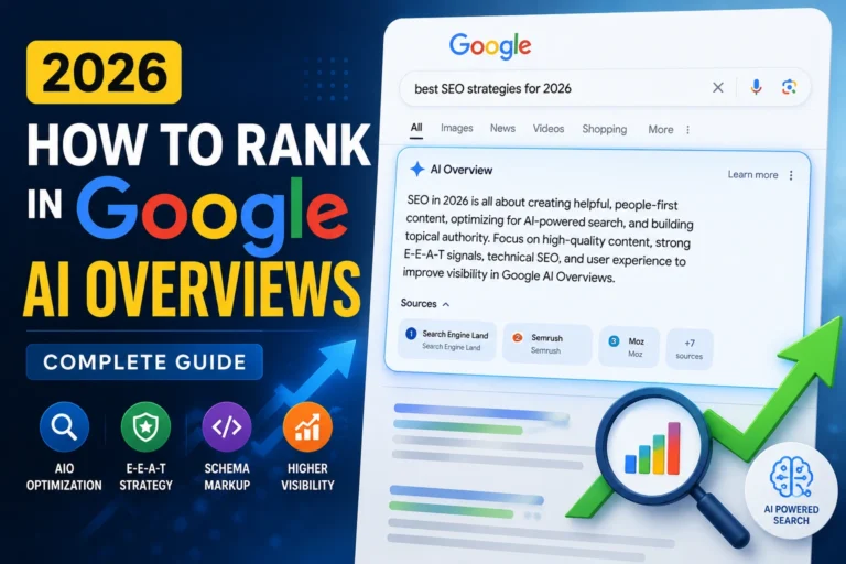 Google AI Overviews SEO guide showing strategies to rank in AI-generated search results in 2026.