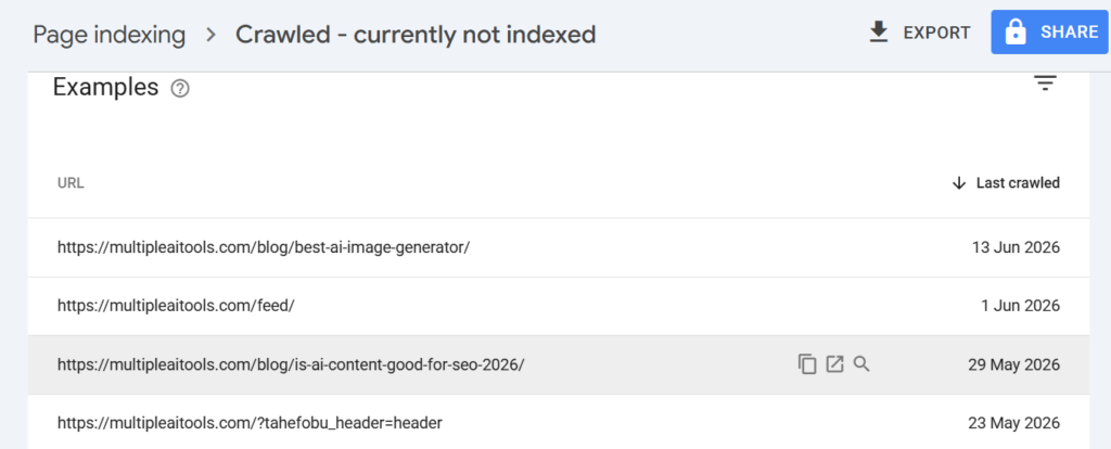 Crawled currently not indexed affected URLs list in Google Search Console
