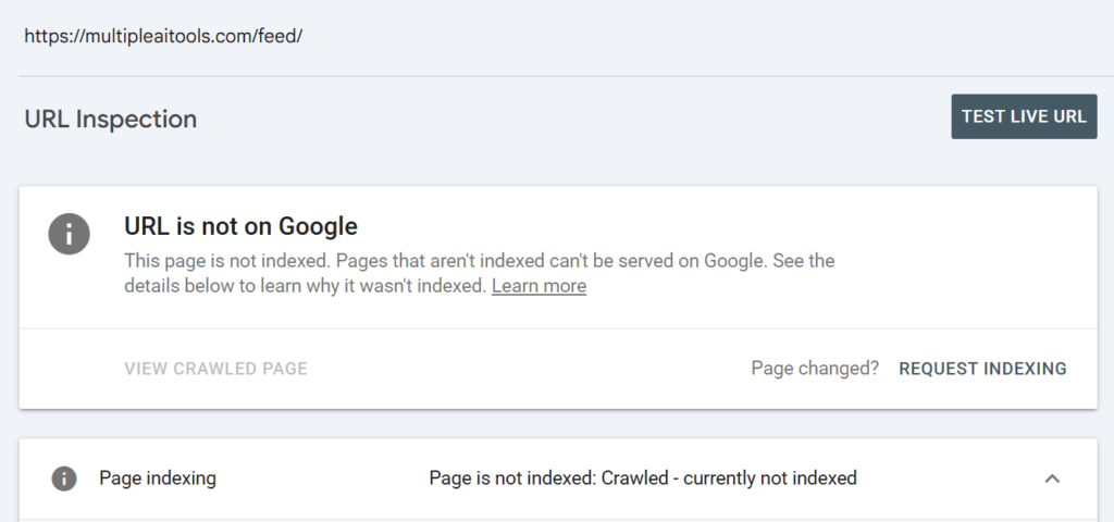 URL Inspection Tool showing URL is not on Google and Crawled currently not indexed status in GSC