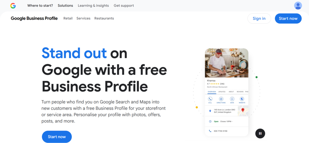 google business profile setup page for local SEO optimization