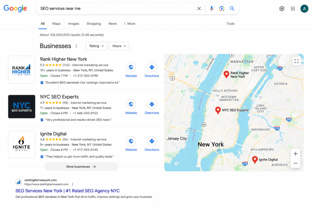 google local pack example showing SEO services near me search results