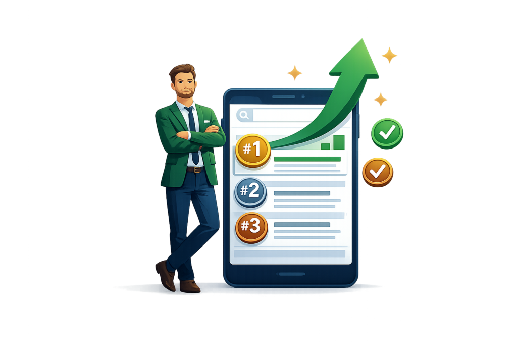 SEO strategy illustration showing website ranking growth and search optimization