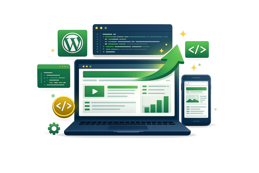 WordPress development illustration showing website and mobile responsive design