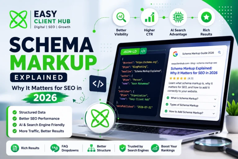 Schema markup explained infographic showing JSON-LD code example and Google rich results for SEO in 2026