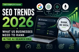 SEO trends 2026 infographic for US businesses covering AI search, E-E-A-T, and local SEO strategies