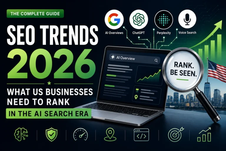 SEO trends 2026 infographic for US businesses covering AI search, E-E-A-T, and local SEO strategies