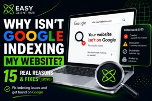 Laptop screen showing Google search results with 'Your website isn't on Google' message and indexing issues panel — Why isn't Google indexing my website