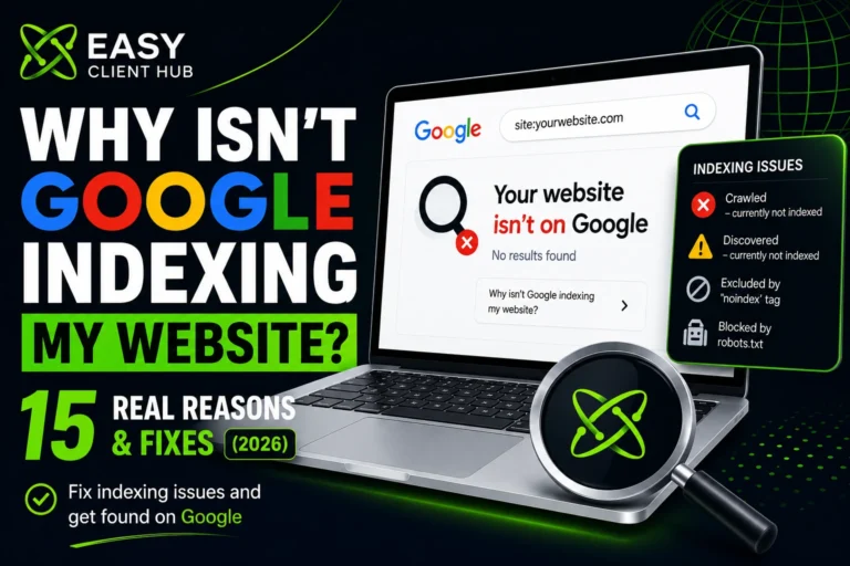 Laptop screen showing Google search results with 'Your website isn't on Google' message and indexing issues panel — Why isn't Google indexing my website