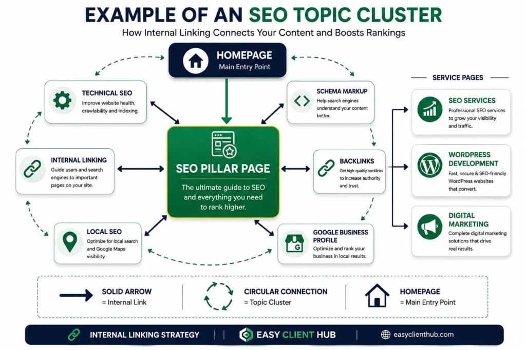 SEO topic cluster diagram showing internal linking between pillar page, technical SEO, schema markup, backlinks, local SEO, and Google Business Profile